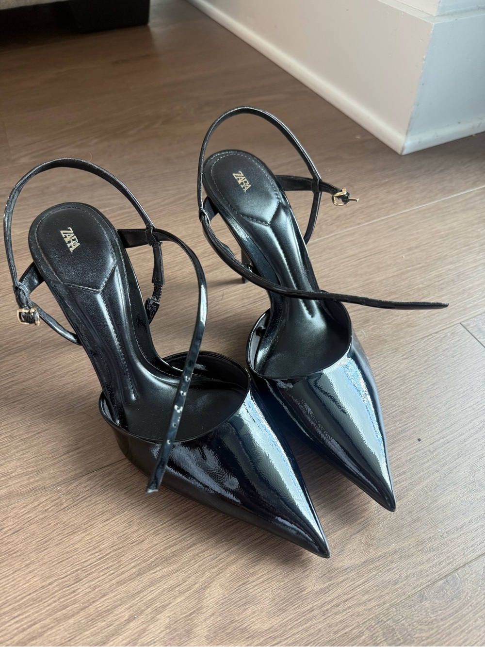 ZARA Black Patent Pointed Ankle-Strap Heels